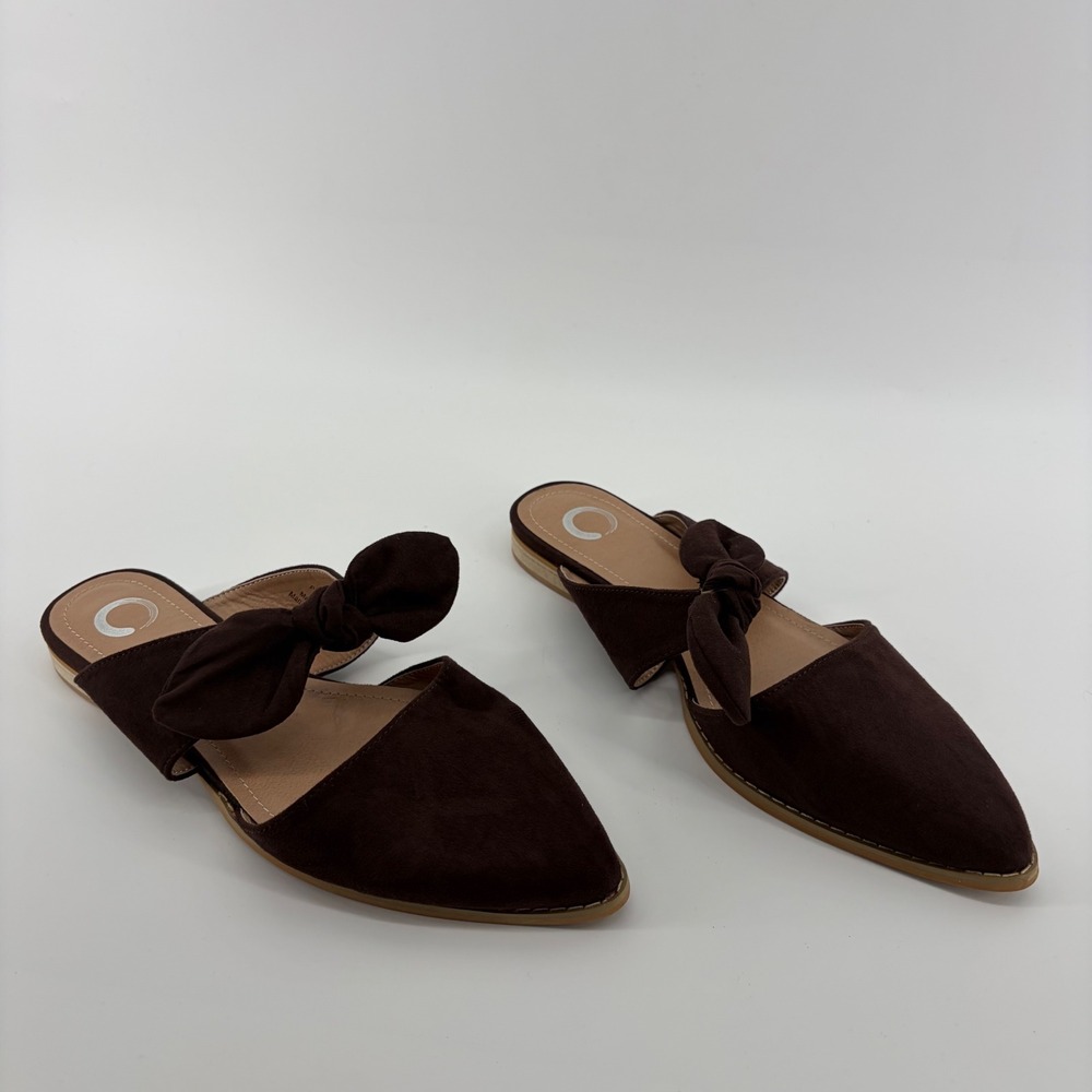 Journee Collection Women Brown Suede Pointed Toe Mules Slides Bow Flat Shoes 10